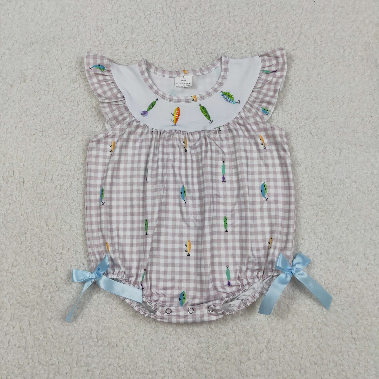 Embroidery Fishing Baby Girls Flutter Sleeve Checked Hunting Rompers