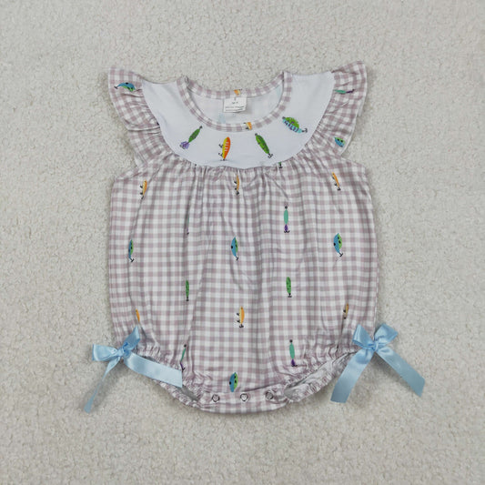 Embroidery Fishing Baby Girls Flutter Sleeve Checked Hunting Rompers