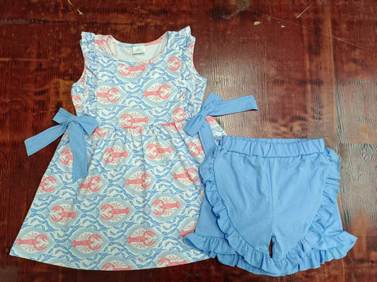 Preorder moq 5 Baby Girls Sleeveless Blue Bows Crayfishes Tunic Ruffle Short Set