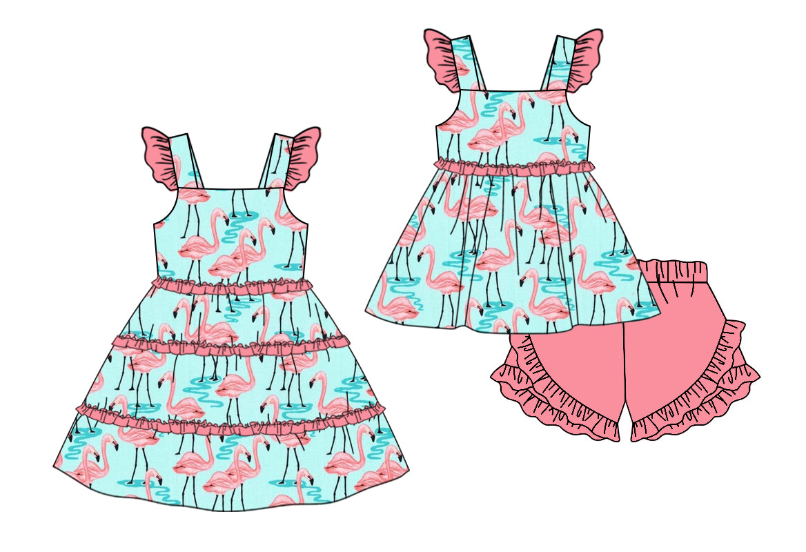 Preorder(moq 5 each) Baby Girls Flamingo Ruffles Summer Dress Shorts Sets