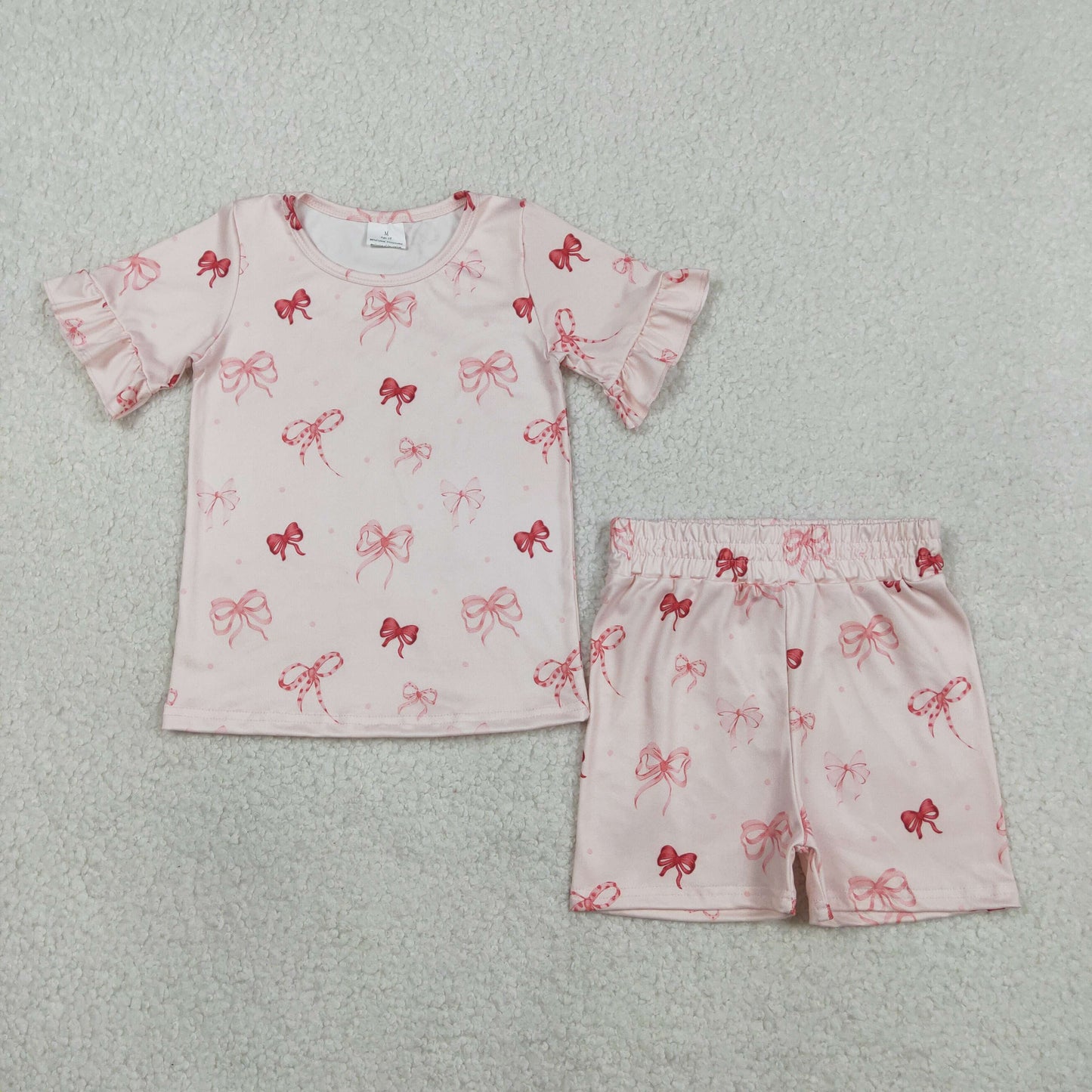 Baby Girls Pink Bows Top Ruffle Shorts Pajamas Clothes Sets