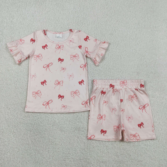 Baby Girls Pink Bows Top Ruffle Shorts Pajamas Clothes Sets