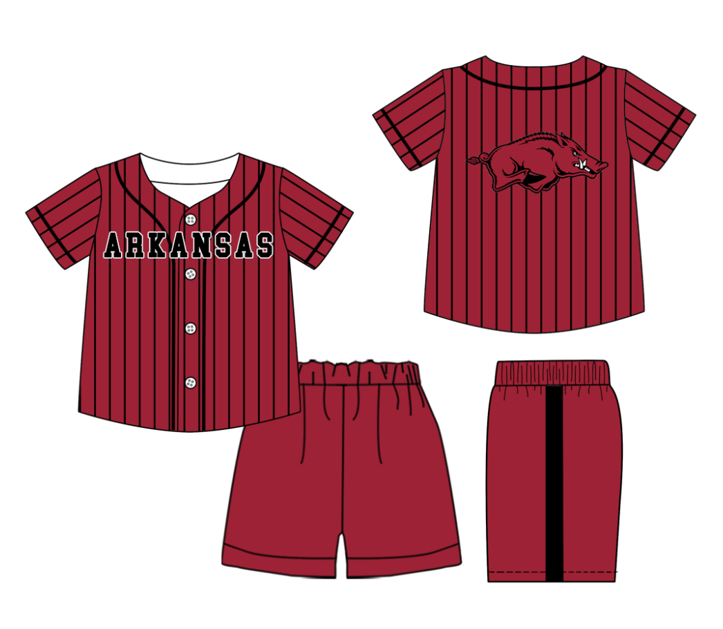 Preorder (moq 5)Baby Boys Black Stripe Arkansas Button Top Shorts Team Clothes Sets
