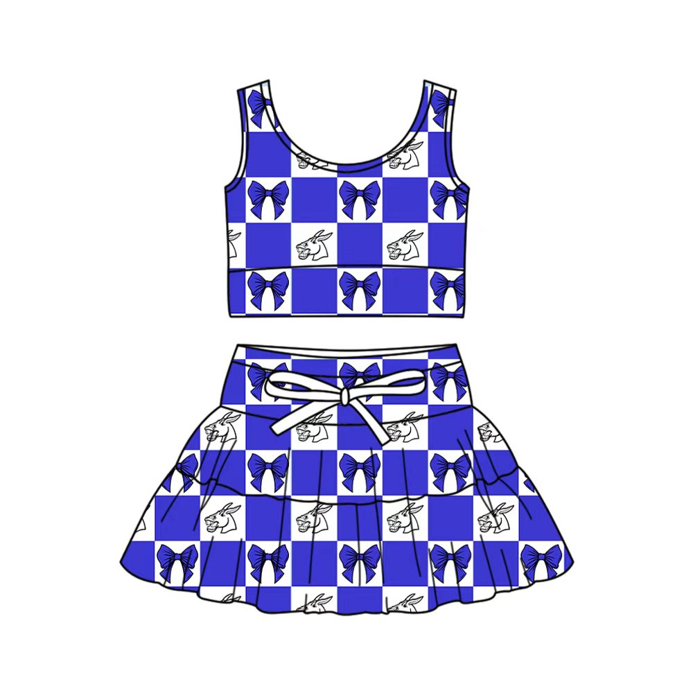 Preorder (moq 5)Baby Girls Blue Bows Mules Checked Vest Skirt Short Team Clothes Sets