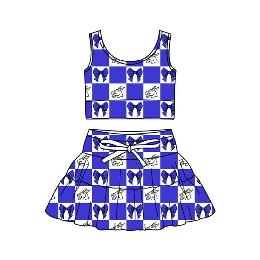 Preorder (moq 5)Baby Girls Blue Bows Mules Checked Vest Skirt Short Team Clothes Sets