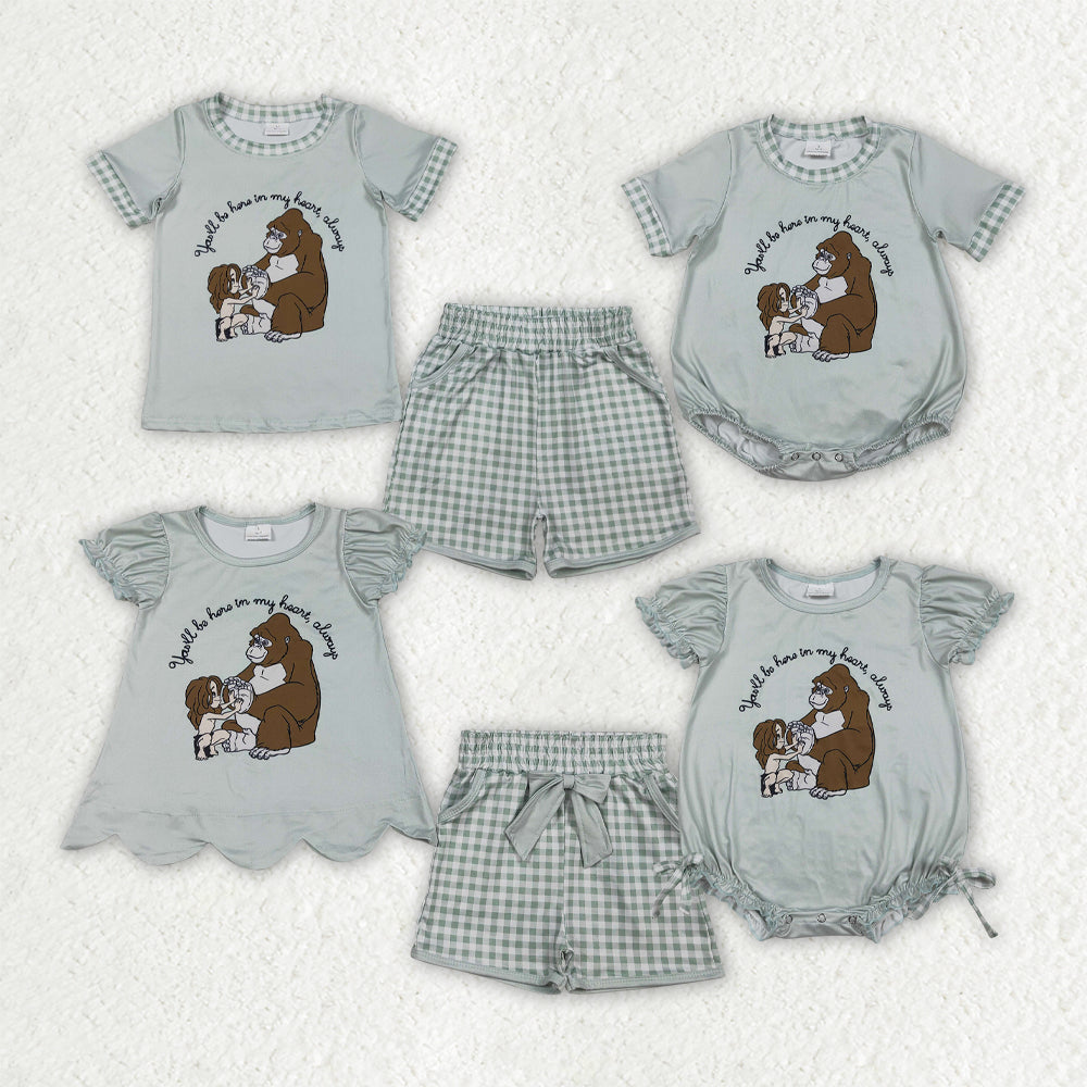 Sibling Baby Boys Girls Cartoon Monkey Top Checked Pockets Short Clothes Set Rompers