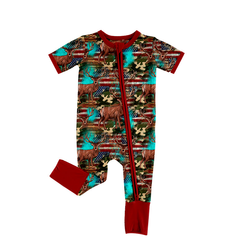 Baby Infant Boys Deer Camo Deer Zip Short Sleeve Rompers preorder(moq 5)