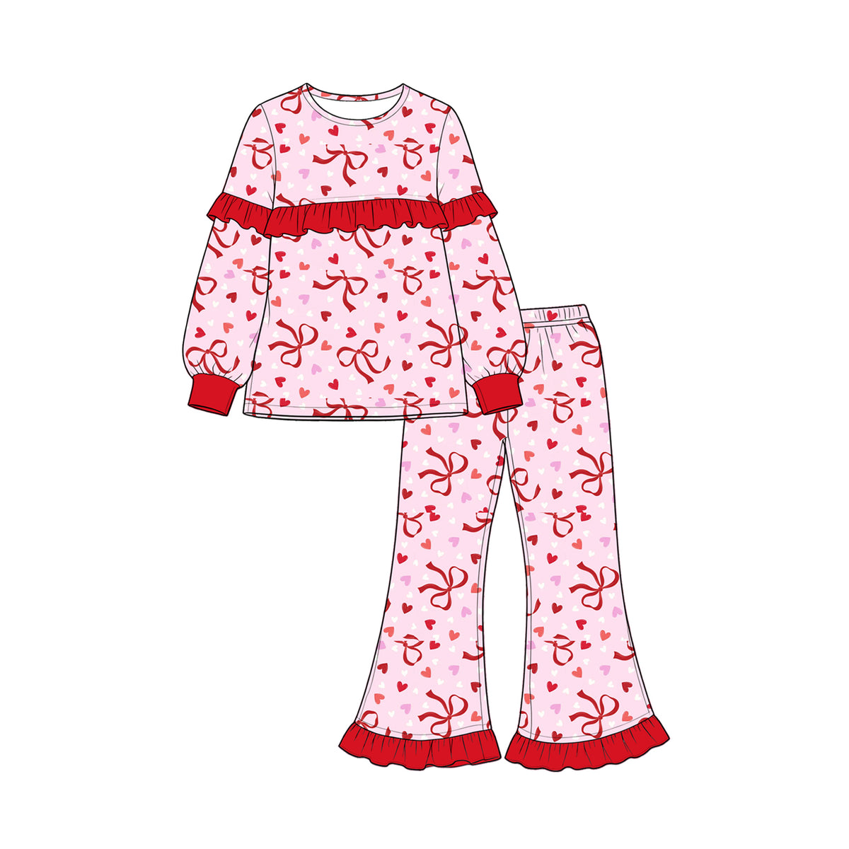 Preorder (moq 5) Baby Girl Clothes Valentine Red Bow And Heart Print Long Sleeve Ruffle Flare Pant Set