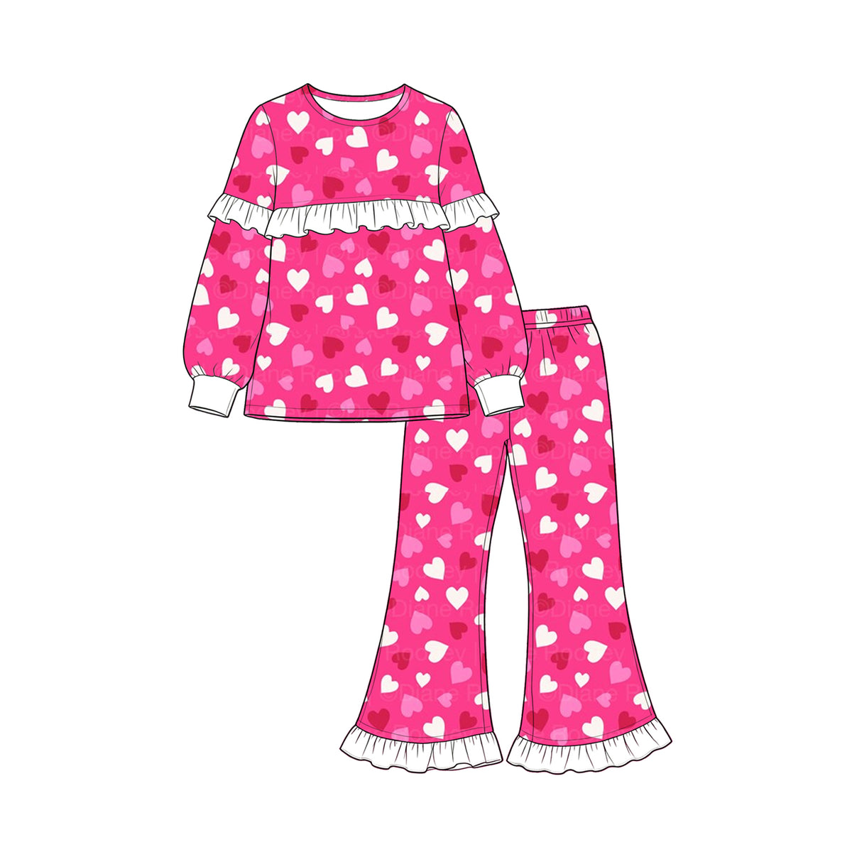 Preorder (moq 5) Baby Girl Clothes Valentine Multicolor Heart Print Long Sleeve Ruffle Flare Pant Set