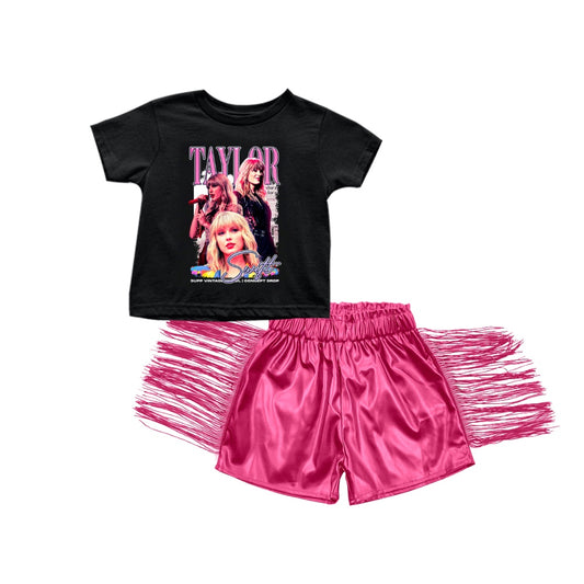 Baby Girls Black Singer Swift Shirts Tassel Dark Pink Leather Shorts Clothes Sets preorder(moq 5)