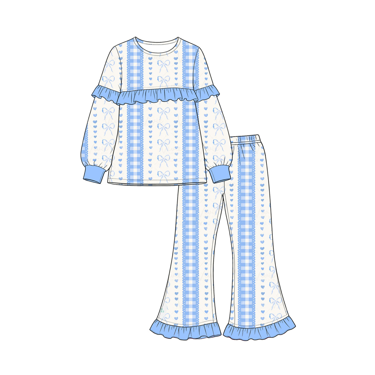 Preorder (moq 5) Baby Girl Clothes Blue Gingham Bow Heart Print Long Sleeve Ruffle Flare Pant Set