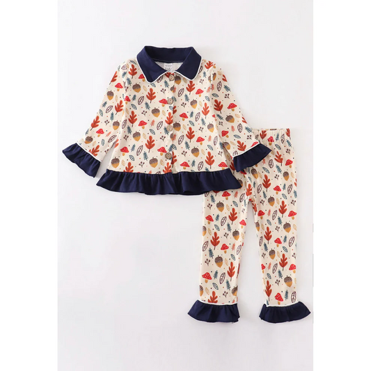 Baby Girls Thanksgiving Leaves Button Top Pants Pajamas Clothes Sets Preorder(moq 5)