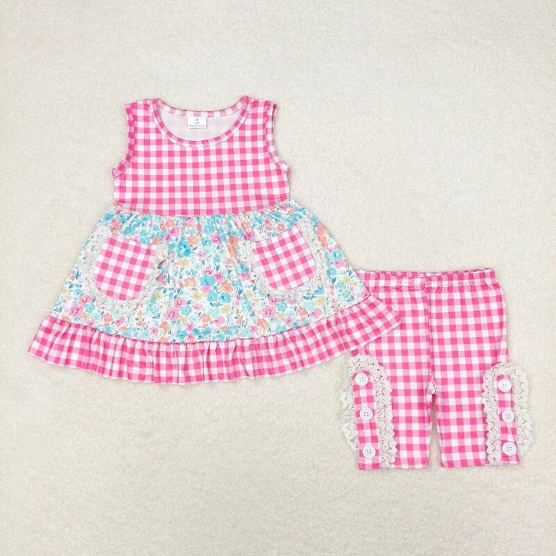 Baby Girls Pink Checkered Floral Summer Sibling Rompers Clothes Sets