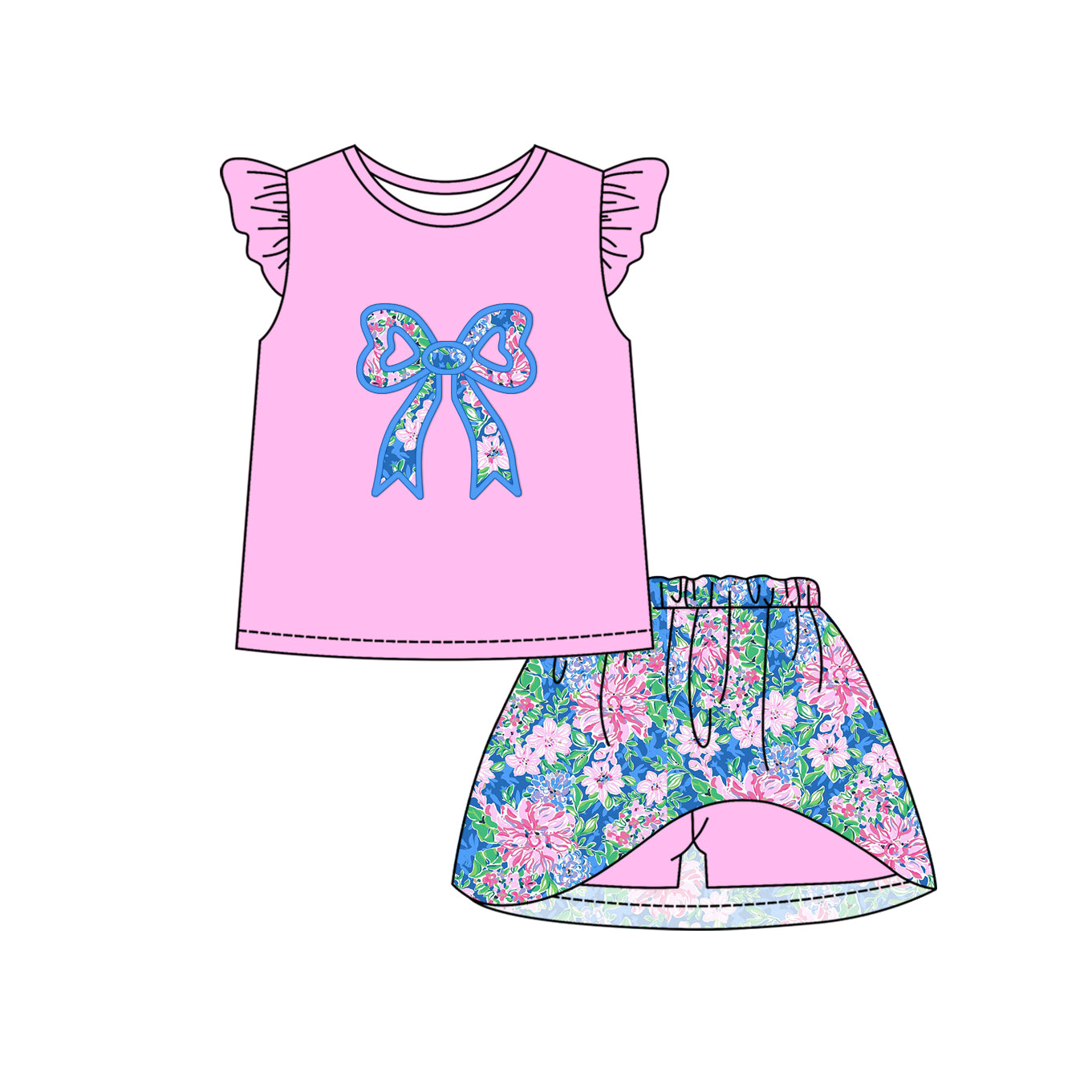 Preorder (moq 5)Baby Girls Pink Bow Print Shirt Flowers Shorts Skirts Outfits Clothes Sets