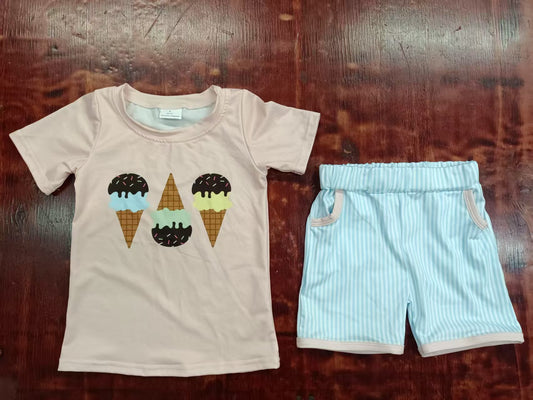 Preorder moq 5 Baby Girls Peach Short Sleeves Ice Cream Top Blue Plaid Pockets Short Set