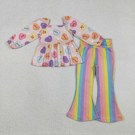 Baby Girls Colorful Hearts Tunic Stripe Bell Bottom Pant Valentines Clothes Sets