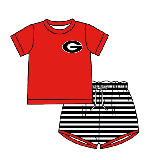 Preorder (moq 5)Baby Boys Red G Top Black Stripe Shorts Team Clothes Sets