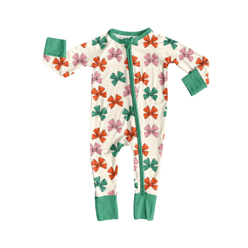 Preorder (moq 20)Baby Girls Bamboo Red Green Bows Christmas Zippy Footie Rompers