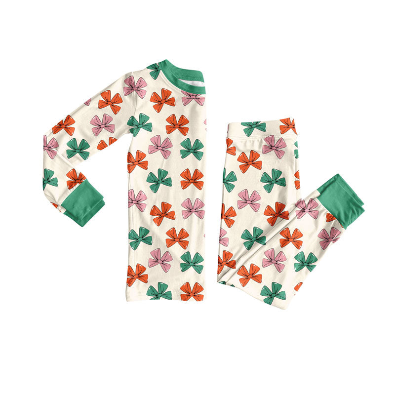 Preorder (moq 20)Baby Girls Bamboo Red Green Bows Christmas Pajamas Sets