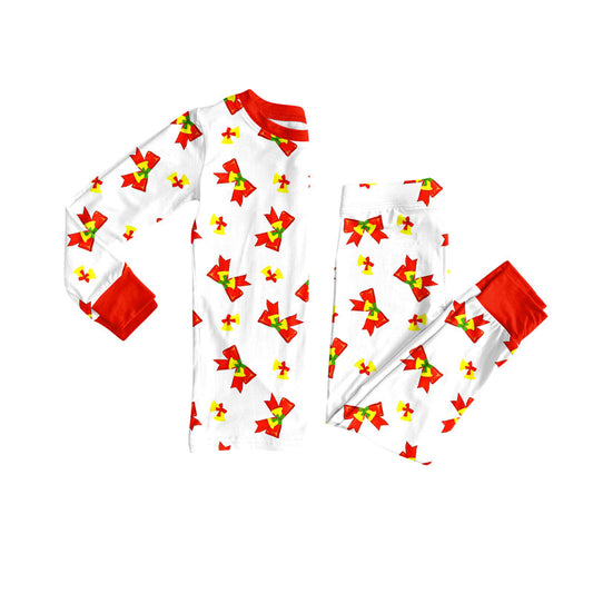 Preorder (moq 20)Baby Boys Bamboo Red Yellow Holly Bows Christmas Pajamas Sets