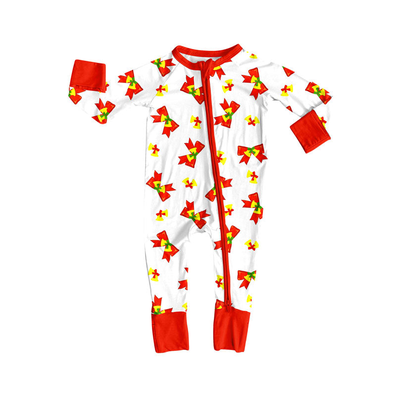 Preorder (moq 20)Baby Boys Bamboo Red Yellow Holly Bows Christmas Zippy Footie Rompers