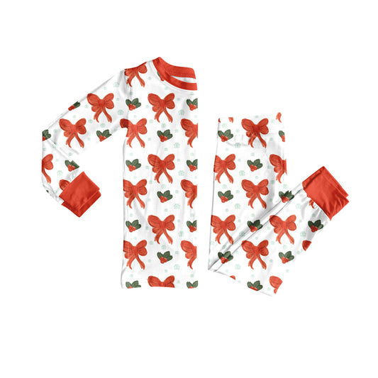 Preorder (moq 20)Baby Girls Bamboo Red Bows Holly Snowflake Christmas Pajamas Sets