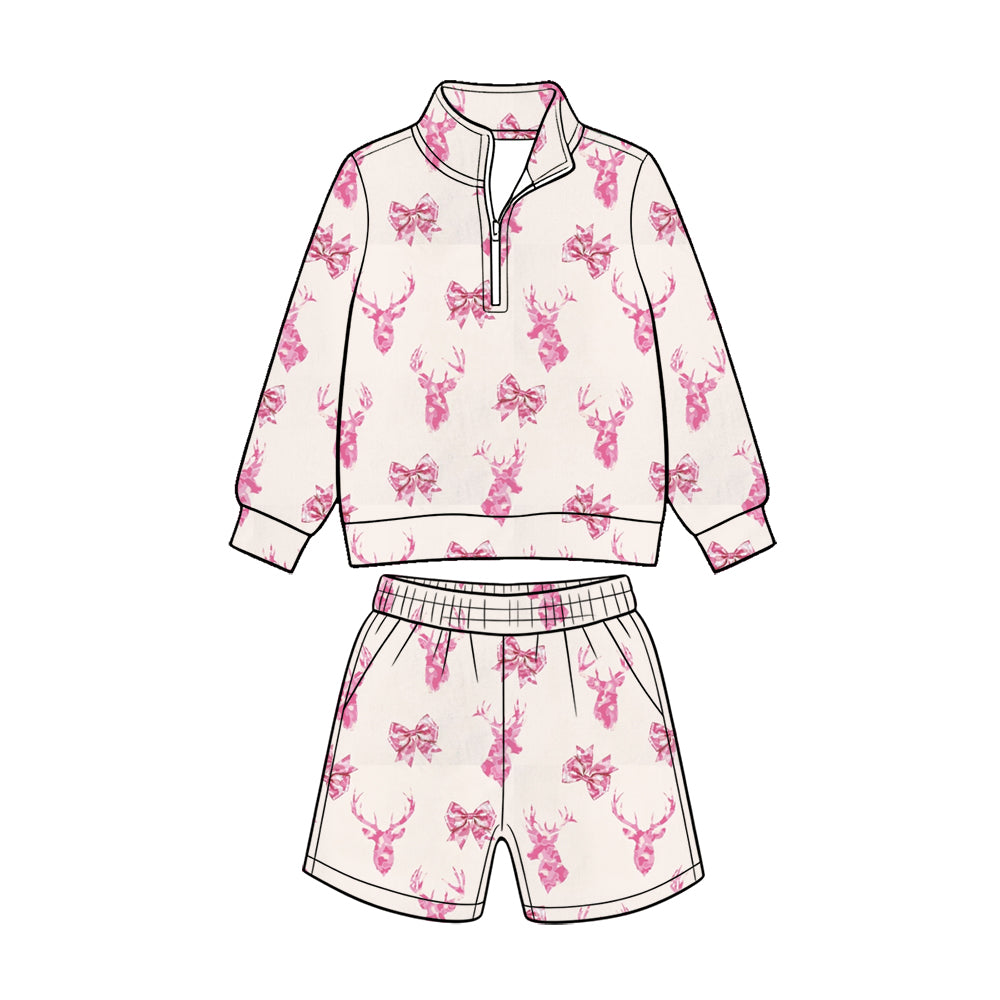 Preorder (moq 5) Baby Girl Clothes Pink Watercolor Deer Bow Print Long Sleeve Quarter Zip Top Short Set