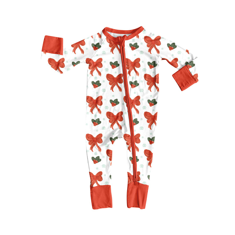 Preorder (moq 20)Baby Girls Bamboo Red Bows Holly Snowflake Christmas Zippy Footie Rompers