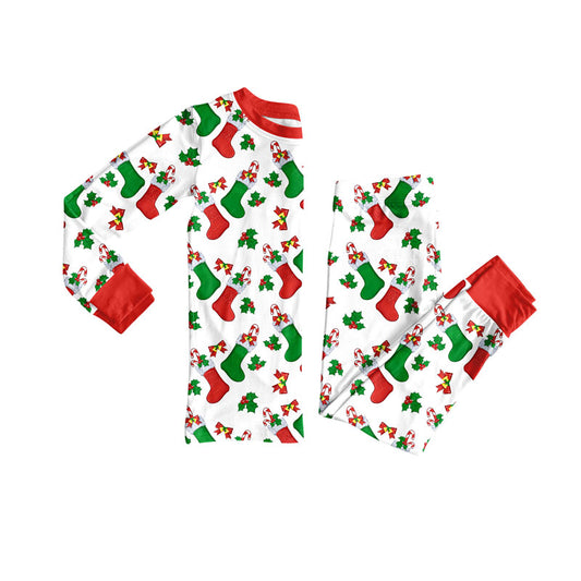 Preorder (moq 20)Baby Boys Bamboo Holly Bows Candy Cane Socks Christmas Pajamas Sets