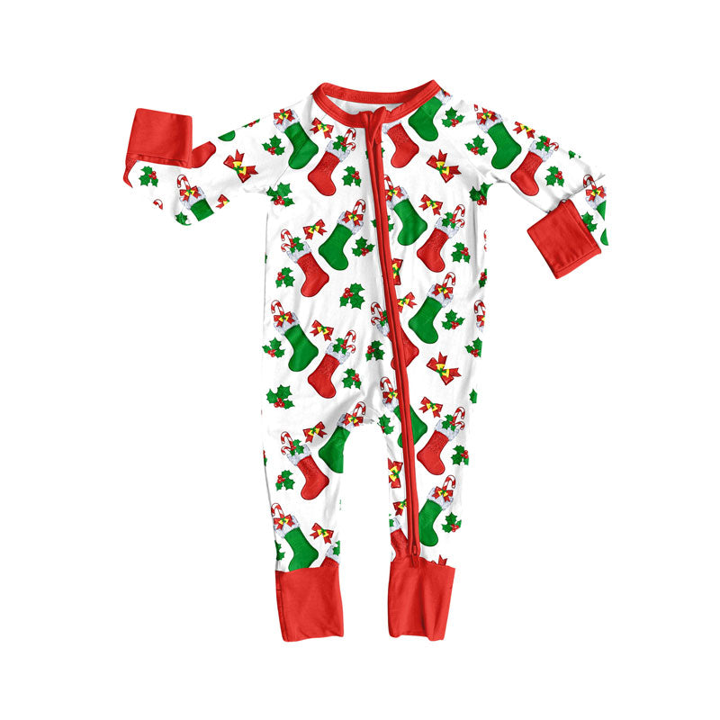Preorder (moq 20)Baby Boys Bamboo Holly Bows Candy Cane Socks Christmas Zippy Footie Rompers