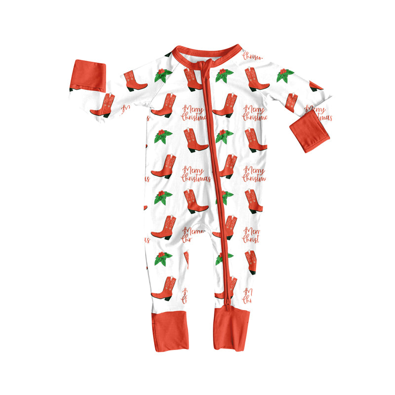 Preorder (moq 20)Baby Girls Bamboo Red Boots Holly Merry Christmas Zippy Footie Rompers