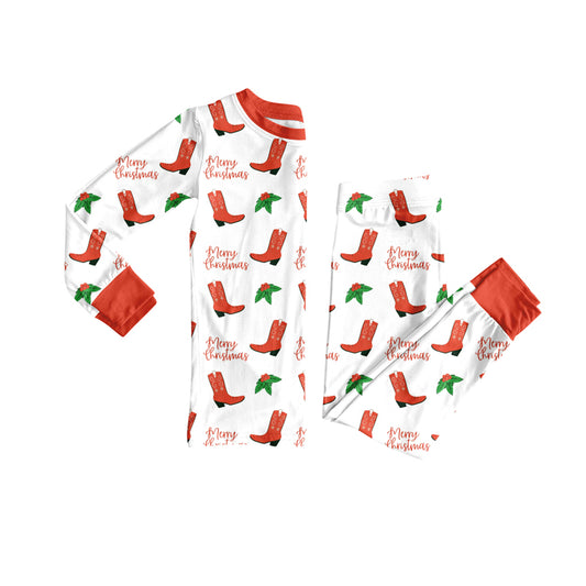 Preorder (moq 20)Baby Girls Bamboo Red Boots Holly Merry Christmas Pajamas Sets