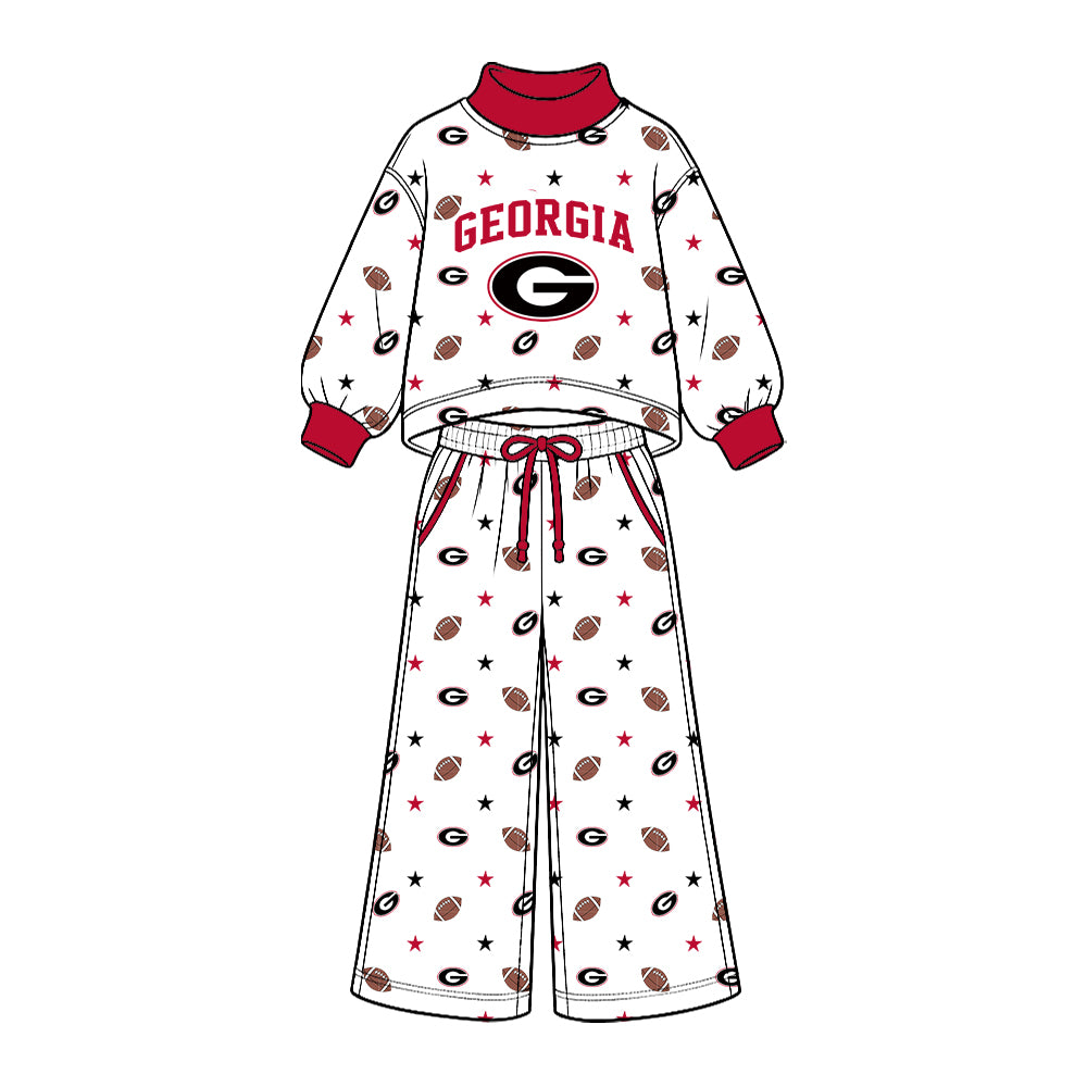 Preorder (moq 5) Baby Girl Clothes Georgia Bulldogs G Logo Football Star Allover Print Long Sleeve Mock Neck Top Wide Leg Pant Outfit Set