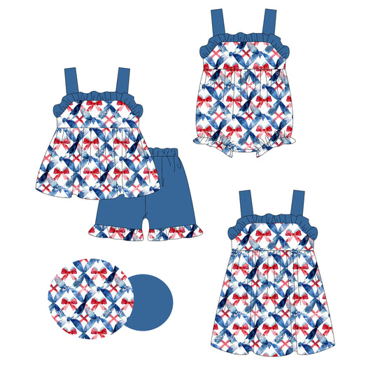 Preorder moq 5 Custom Baby Girls Strap Blue Red Bows Tunic Ruffle Short 4th Of July Set Knee Length Dress And Rompers