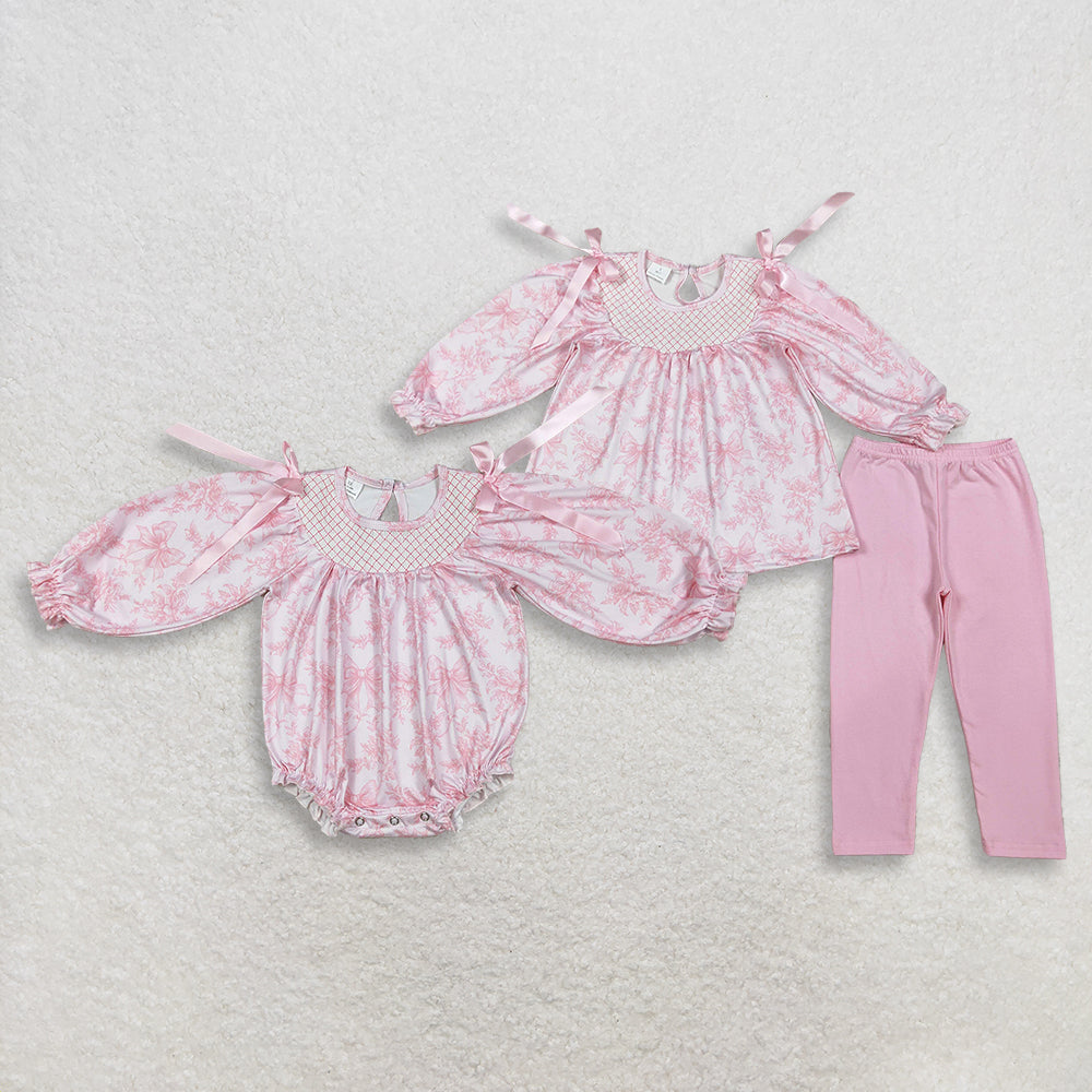 Sibling Baby Girls Smocked Checked Flowers Tunic Legging Pants Clothes Set Romper