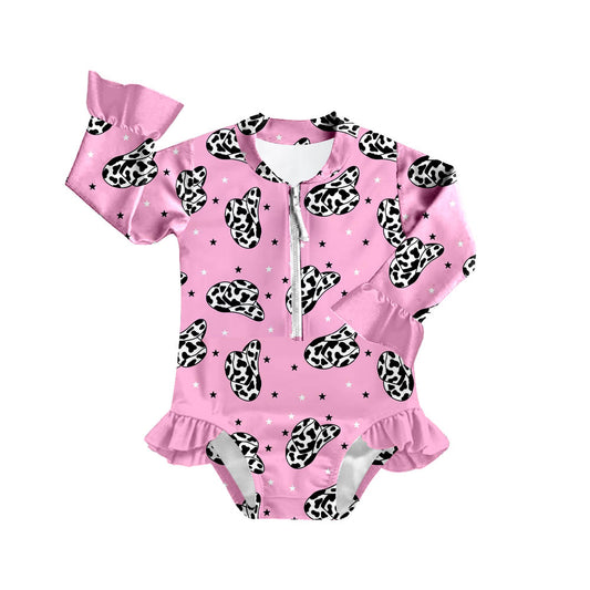 Preorder (moq 5)Baby Girls Western Hats Zip Long Sleeve Bikini One Piece Swimsuits