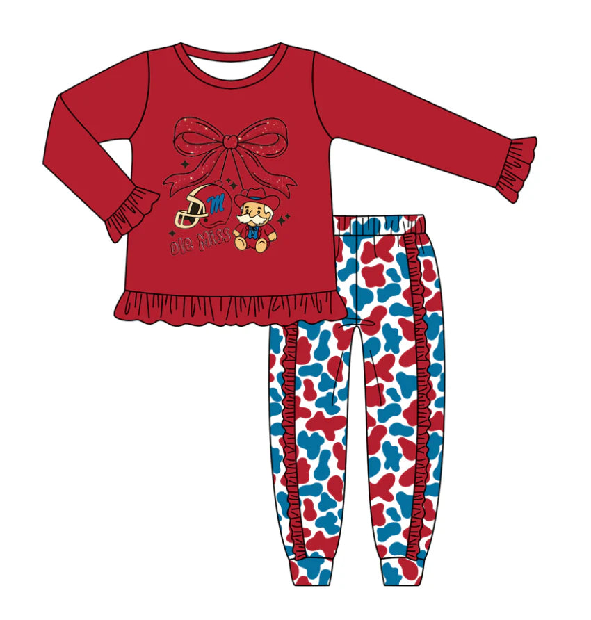Preorder (moq 5)Baby Girls Red Ole Miss Team Top Ruffle Pants Outfits Sets