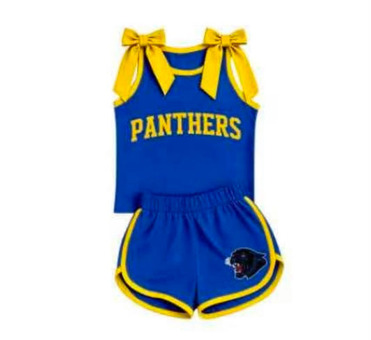 Preorder (moq 5)Baby Girls Yoga Panthers Bows Sleeveless Top Shorts Team Clothes Sets