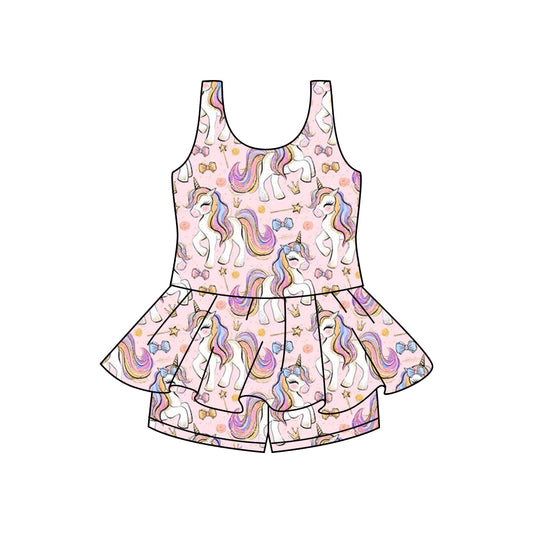 Preorder (moq 5)Baby Girls Colorful Unicorns Sleeveless Tunic Stripes Short Sets