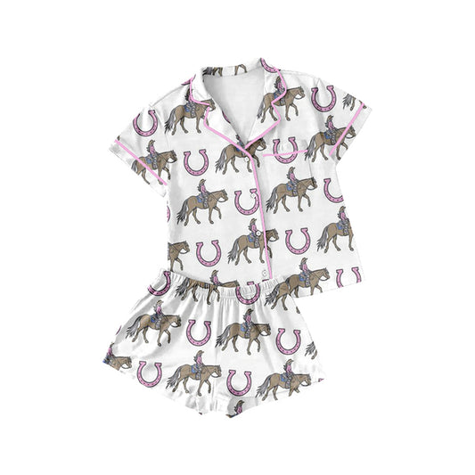 Preorder (moq 5)Baby Girls Western Rodeo Pink Buttons Top Shirt Shorts Pajamas Clothes Sets