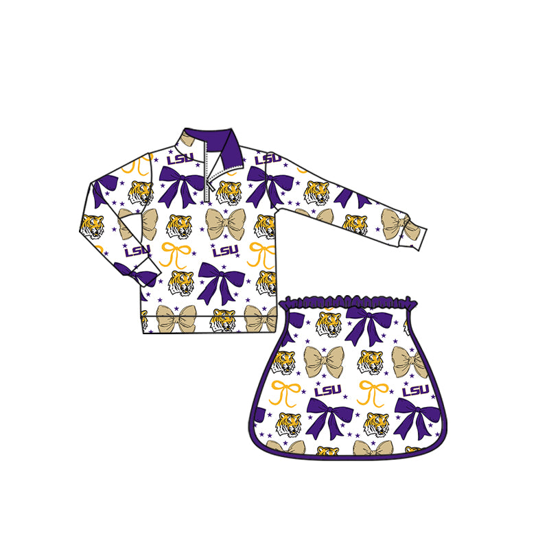 Preorder (moq 5)Baby Girls LSU Purple Bows Team Zip Pullovers Skort Team Clothes Sets