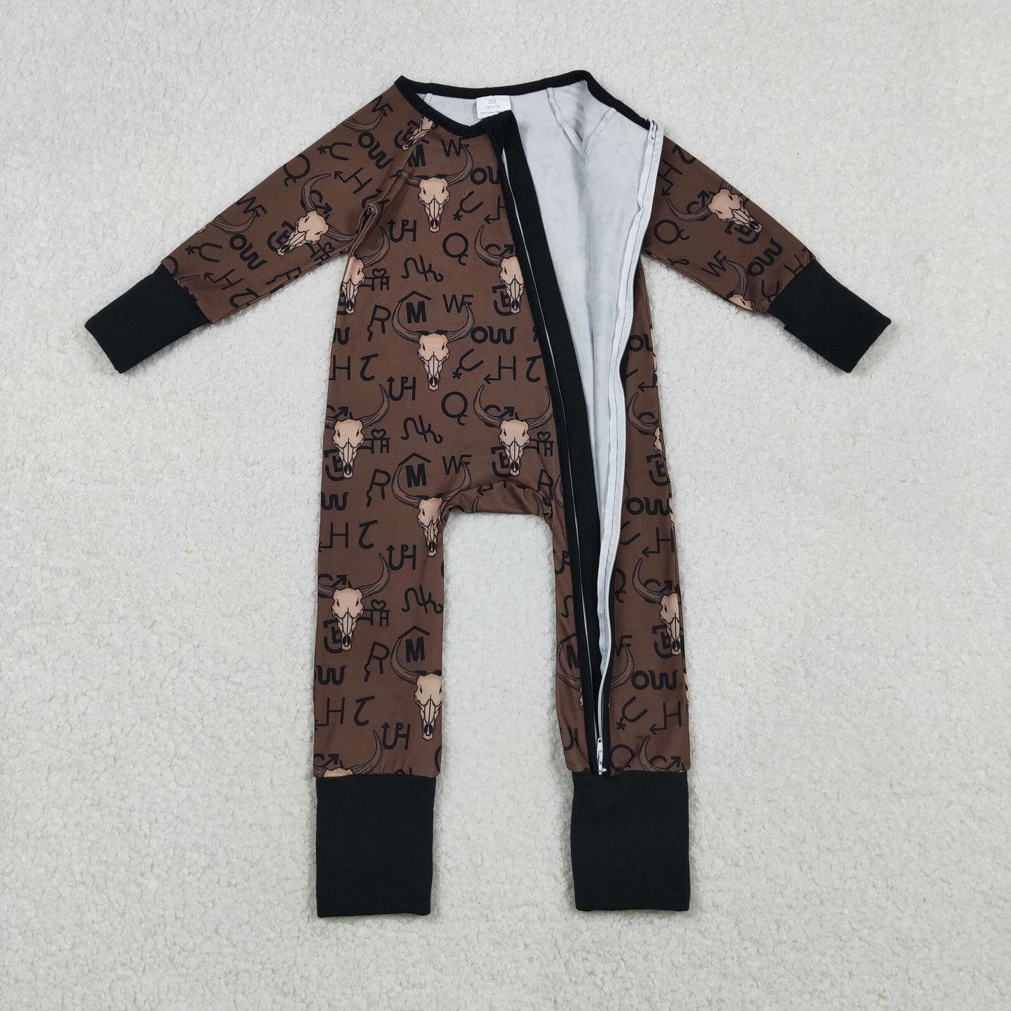 Baby Boys Brown Bull Skulls Western Two Way Zipper Convertible Rompers
