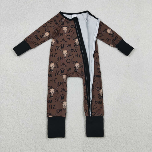 Baby Boys Brown Bull Skulls Western Two Way Zipper Convertible Rompers