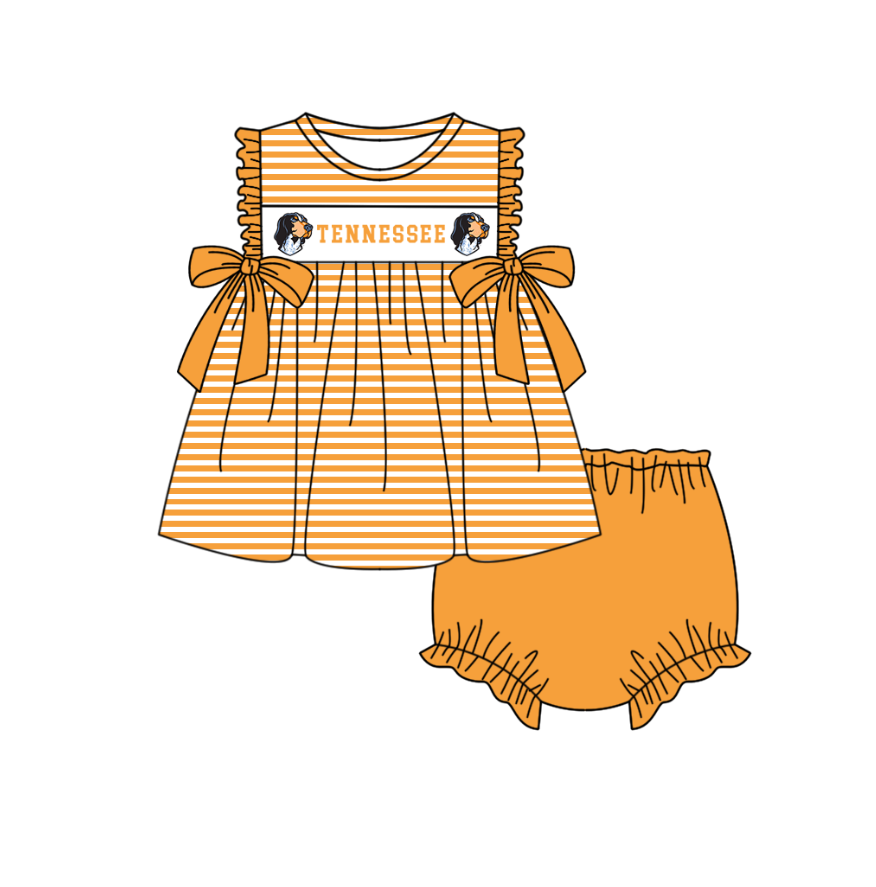 Preorder (moq 5)Baby Girls Sleeveless Tennessee Orange Stripe Tunic Bummies Team Clothes Sets