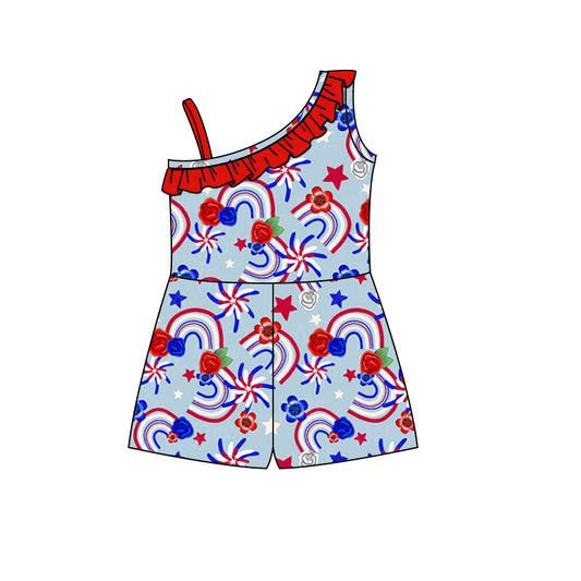 Baby Girls 4th Of July Rainbow Flowers One Shoulder Jumpsuits preorder(moq 5)