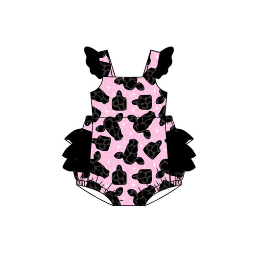 Baby Infant Girls Western Pink Cow Tag Ruffles Bubble Rompers Preorder(moq 5)