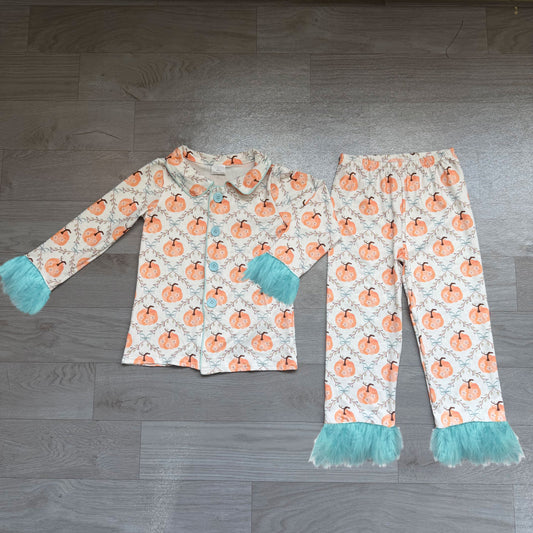Baby Girls Flowers Pumpkins Button Top Pants Fall Fur Pajamas Sets Preorder
