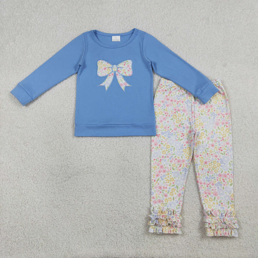 Embroidery Flowers Bows Baby Girls Blue Top Ruffle Legging Pants Clothes Sets