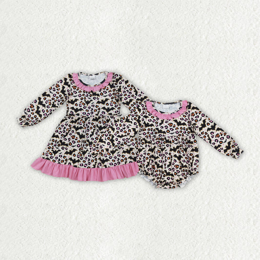 Sibling Baby Girls Bats Leopard Halloween Ruffle Knee Length Dresses Romper