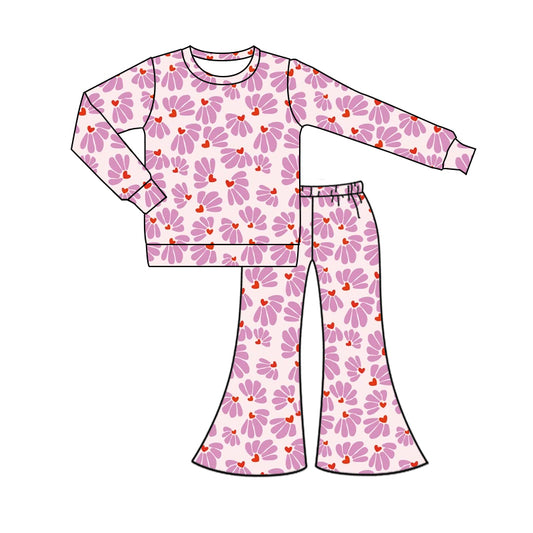 Baby Girls Lavender Heart Long Sleeve Top Bell Pants Clothes Sets preorder(MOQ 5)